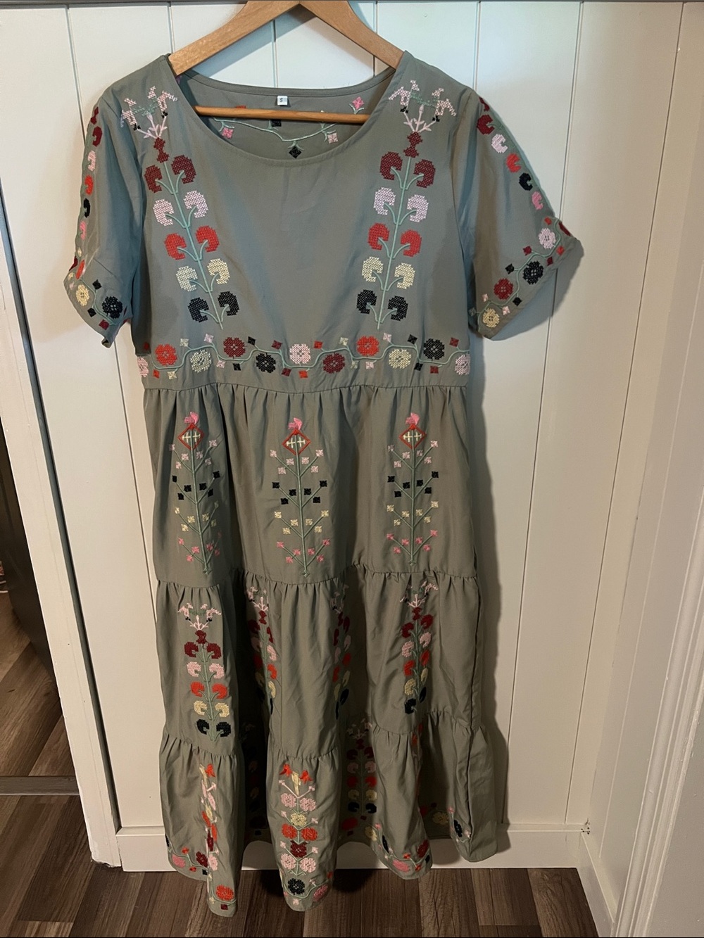 Embroidered Sage Green Tiered Midi Dress